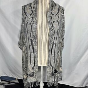 Designer Black & Off-White Shawl Scarf Wrap with Fringed Edges Very Soft